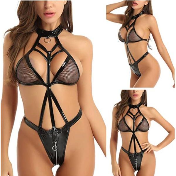 

costumes lingerie for women bodysuits lace teddy corset lingeries women's leather laces chemise halter mesh lingerie babydoll backless, Black