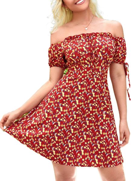 

ditsy floral tie front frill trim off the shoulder dress x2xg#, Black;gray