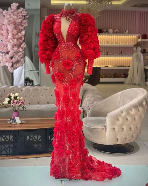 Puffy Long Sleeves Mermaid Prom Dresses Klassisches rotes Spitzenabendkleid Nach Maß mit Pailletten handgefertigte Blumen Frauen Formales Promi-Partykleid