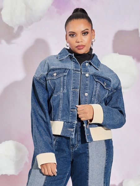 

plus colorblock drop shoulder denim jacket 748a#, Black;brown