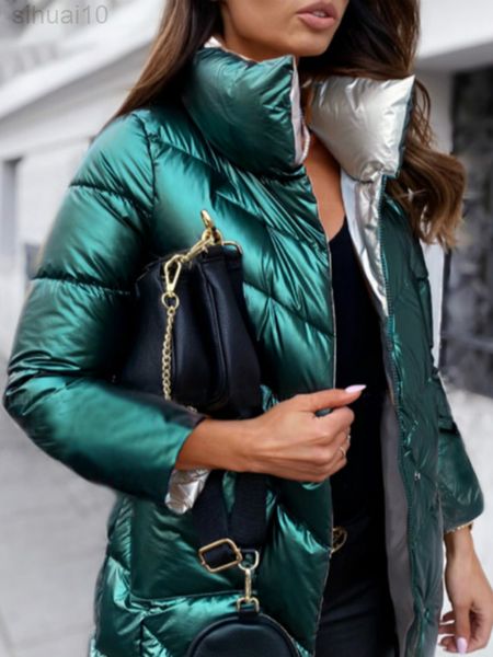 

light-reflecting jacket women winter warm bread parka short padded casual thick stand-callor oversized cotton coat femme parkas l220730, Black