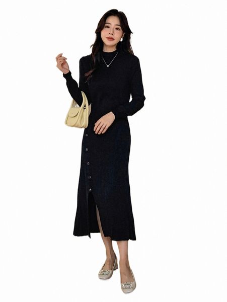 

dazy mock neck button detail split thigh sweater dress 615j#, White;black