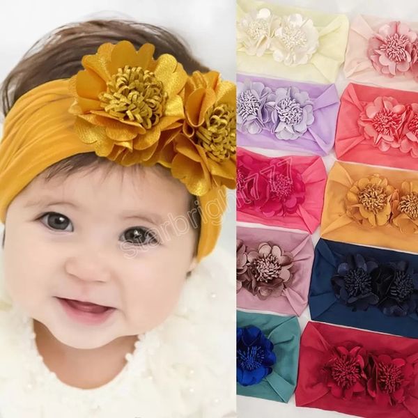 Baby Girls Florals Banda da cabeça Crianças de nylon macio Elastic Hairband crianças bandanas Bandas de flores dupla banda de cabeleireiro Princess Hair Acessório 16 cores