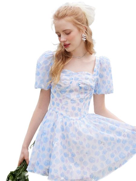 

allover print puff sleeve sweetheart neck dress 65zy#, Black;gray