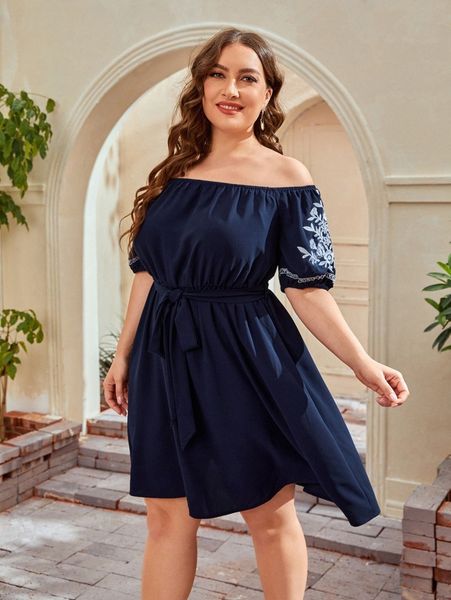 

plus off the shoulder floral & geo embroidery belted dress s25w#, Black