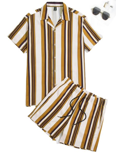 

men striped shirt & slant pocket shorts t77m#, Gray