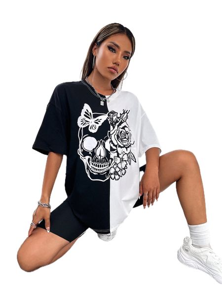 

skull & floral print drop shoulder tee k0ey#, White