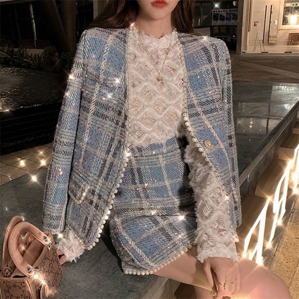 Runway outono inverno frisado diamantes xadrez de lã feminino tweed jaqueta casaco elegante saia roupas femininas 2 peças conjunto terno 220817