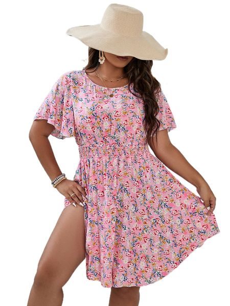 

plus allover floral print shirred waist butterfly sleeve dress 06bn#, Black