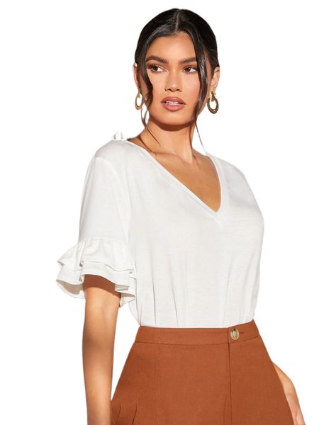 

solid ruffle trim tee 93wl#, White