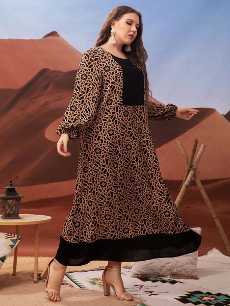 

plus geo print lantern sleeve dress without belt 404m#, Black