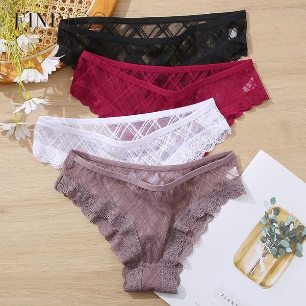 

finetoo 3pcs set lace panties low-rise brazilian underwear fashion lattice transparent underpants -2xl panty lingerie, Black;pink