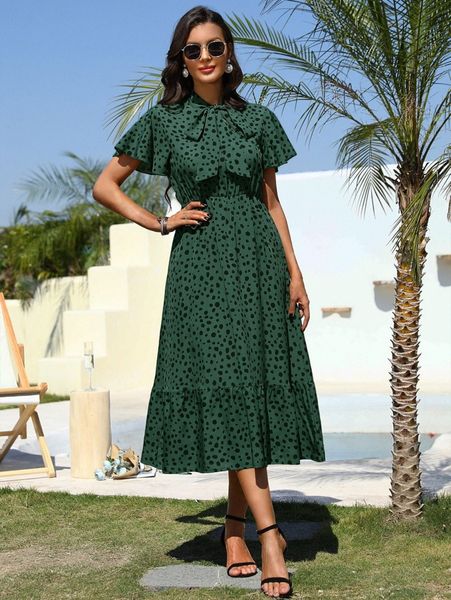 

dalmatian print tie neck butterfly sleeve ruffle hem dress g1av#, Black;gray