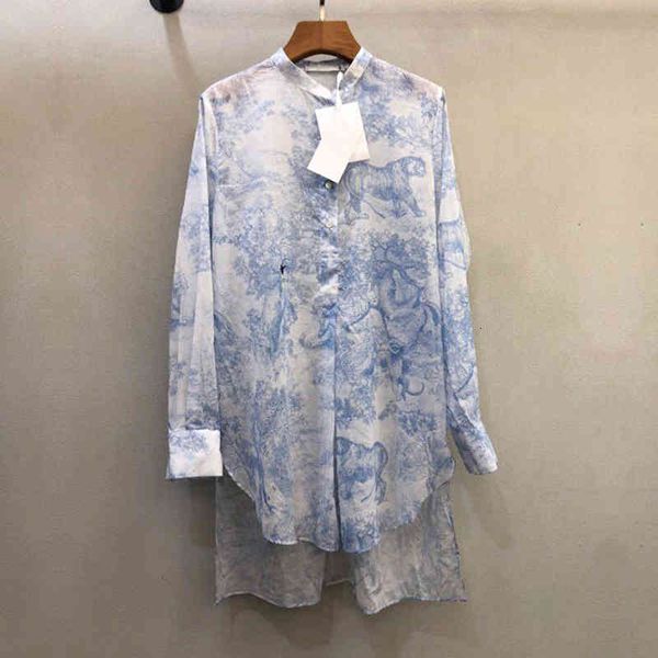 

women's polos blue shirt medium long front short back changchun summer thin small bee embroidery stand collar long sleeve silk cotton, White