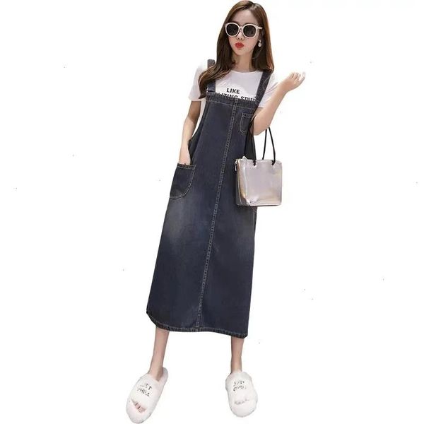 

spring summer jeans dress women suspenders denim dresses female overalls korean casual long sundress robe femme, White