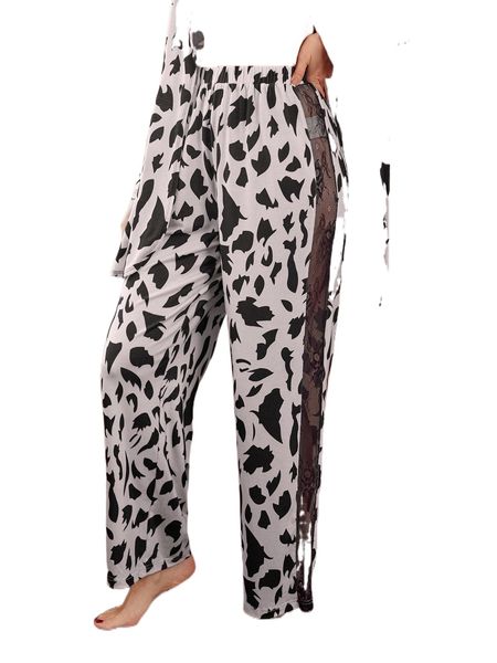 

allover print contrast mesh sleep pants 34to#, Black;red