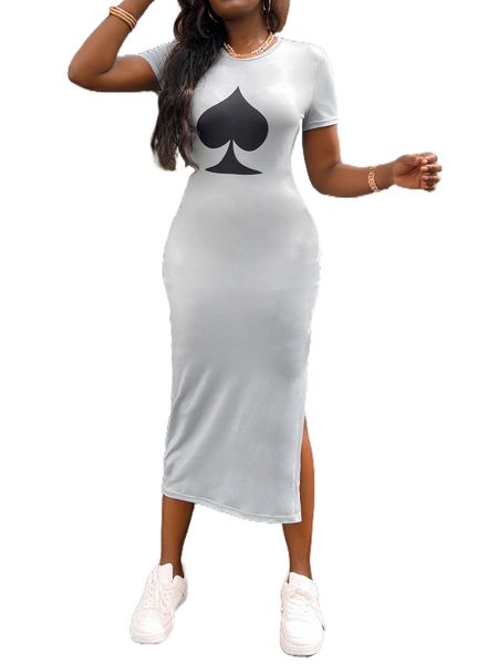 

random playing card print split hem dress g3pe#, Black;gray