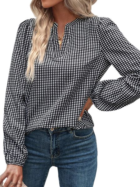 

gingham notched neck bishop sleeve blouse l0wt#, White