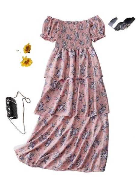 

plus floral print puff sleeve shirred layered hem dress s2a5#, Black