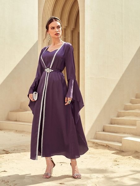 

belted solid dress & flounce sleeve coat g9b7#, White