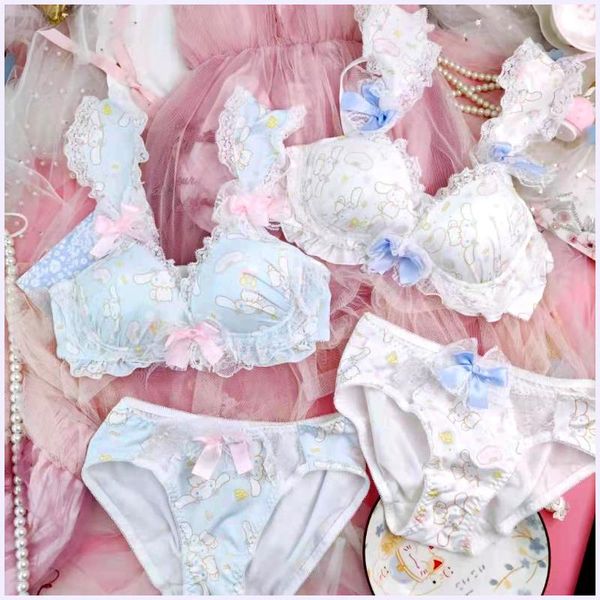

bras sets japanese kawaii women bra briefs set cute cartoon animie girls underpants sweet lace bow underwear soft cotton lingerie, Red;black
