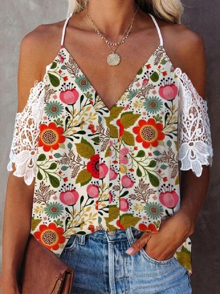 

floral printed women blouses hollow out casual short sleeve sweet ladies shirts summer loose deep v-neck streetwear, White