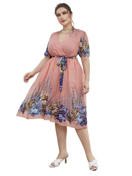 

plus floral print surplice neck belted chiffon dress d9qv#, Black