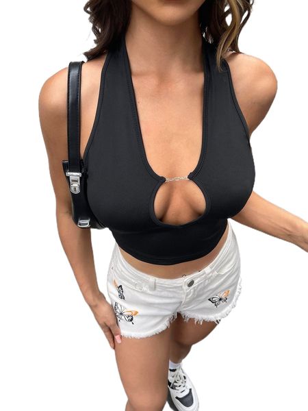 

cut out chain detail backless crop halter i2lu#, White