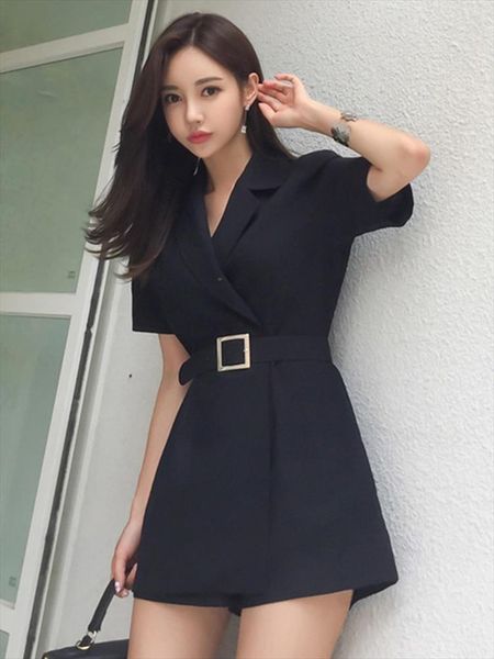 

fashion elegant women jumpsuit temperament retro casual black short sleeve belt slim female mujer high waist shorts playsuit, Black;white