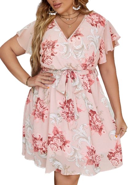 

plus floral print flutter sleeve overlap collar belted dress f7wx#, Black