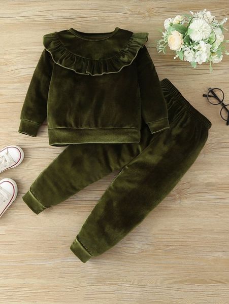 

toddler girls ruffle trim velvet sweatshirt & pants she, White
