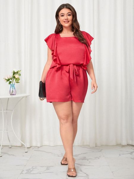 

plus ruffle trim blouse & tie front shorts j5tj#, Black