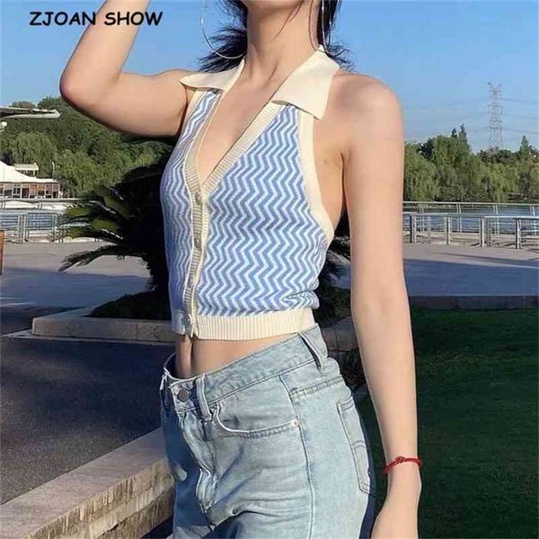 

streetwear white blue wave striped knitted women camis fashion v neck backles crop vintage cropped women tank 210325