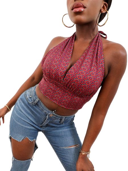 

sxy allover floral print tie backless halter s3np#, White