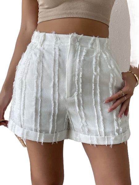 

high waist fringe rolled hem shorts d24r#, White;black
