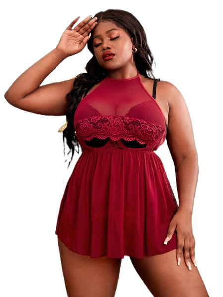 

plus mesh contrast lace halter dress & thong without liner h1pg#, Black;white
