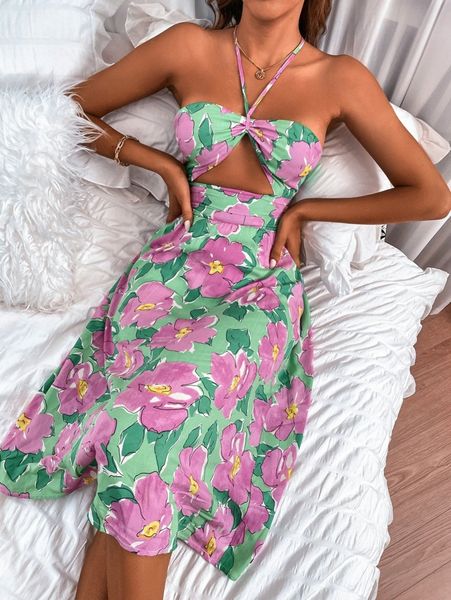 

ruched cut out front lace up backless floral print dress k80o#, Black;gray