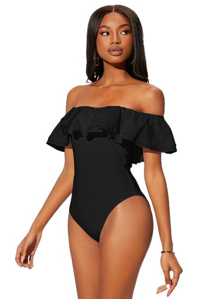 

ruffle trim off shoulder bodysuit o0ib#, White