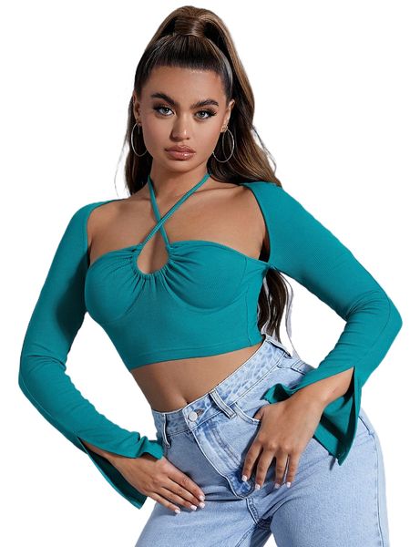 

sxy crisscross tie back split cuff rib knit crop k0ac#, White