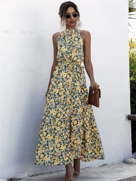 

allover floral print belted halter dress q1kk#, Black;gray