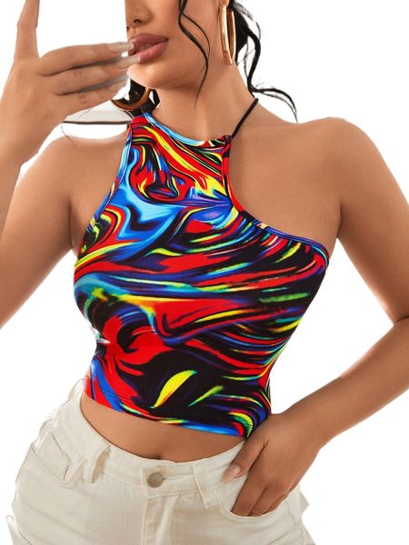 

allover print round neck crop v8er#, White