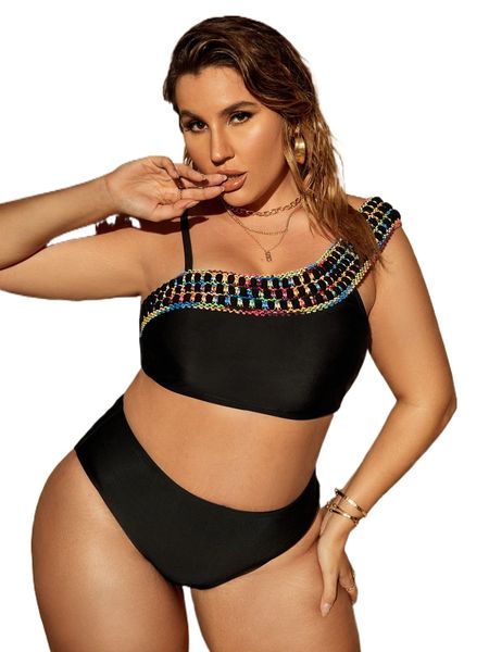 

plus open stitch trim bikini a0xk#, Black