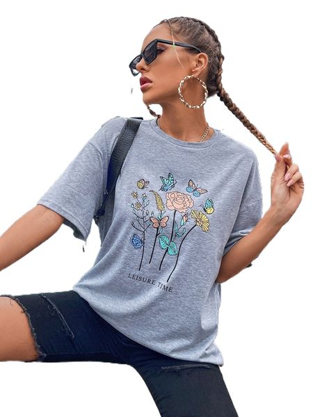 

floral and letter graphic oversized tee f13o#, White