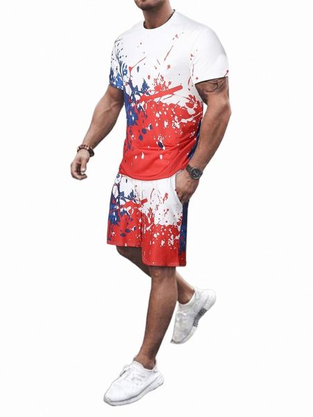 

men splatter paint tee & drawstring waist shorts e03e#, Gray