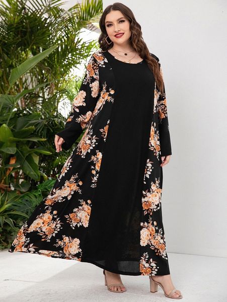 

plus floral print tunic dress d7bk#, Black