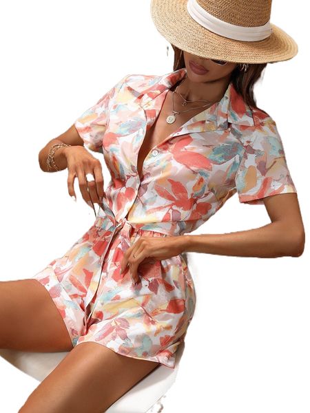 

floral print button through tie hem blouse & shorts a3e7#, White