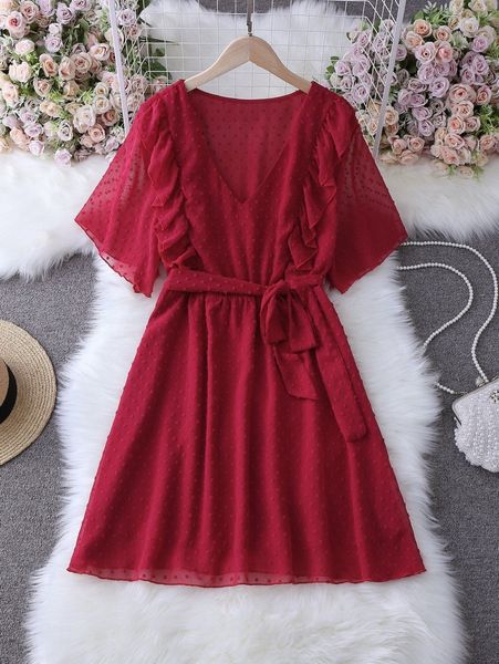 

plus chiffon swiss dot ruffle trim belted a-line dress b4hs#, Black