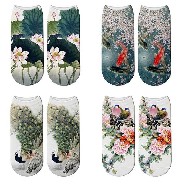 Meias Hosiery Impresso Pintura chinesa Lotus Summer Mulheres coloridas tinta de tinta pavão pavão kawaii calcetines curtos mujersocks