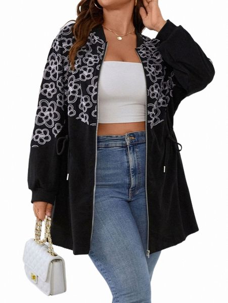 

plus floral print drawstring waist zipper up coat r5wi#, Black