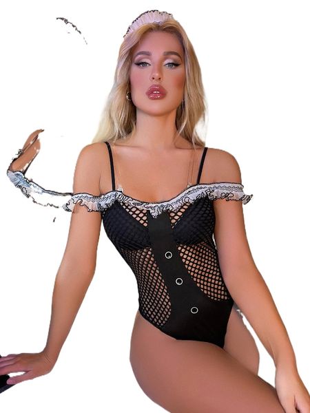 

hollow out cold shoulder frill trim teddy bodysuit & headband l3h6#, Black;red